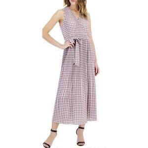 T Tahari Pleated Fit And‎ Flare Midi Dress Blue Tile Orange Cross V-Neck Size S